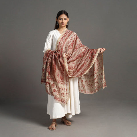 Buy Red Pedana Block Print Chanderi Silk Kalamkari Dupatta