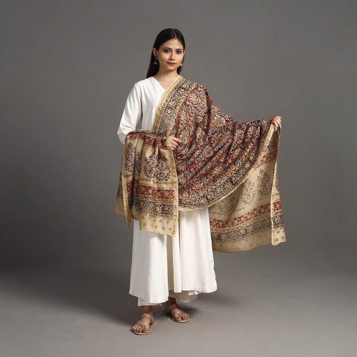 Red Pedana Block Print Chanderi Silk Kalamkari Dupatta