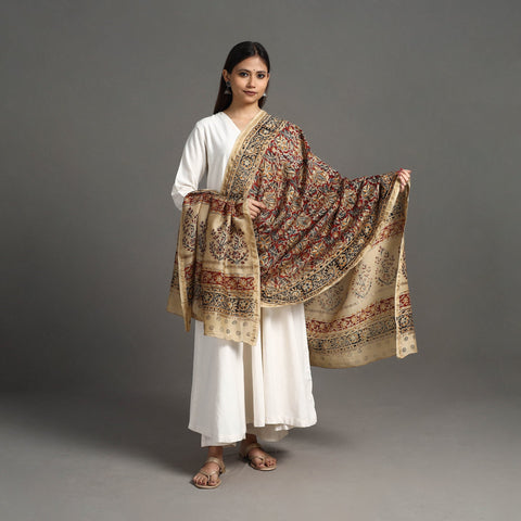 Red Pedana Block Print Chanderi Silk Kalamkari Dupatta
