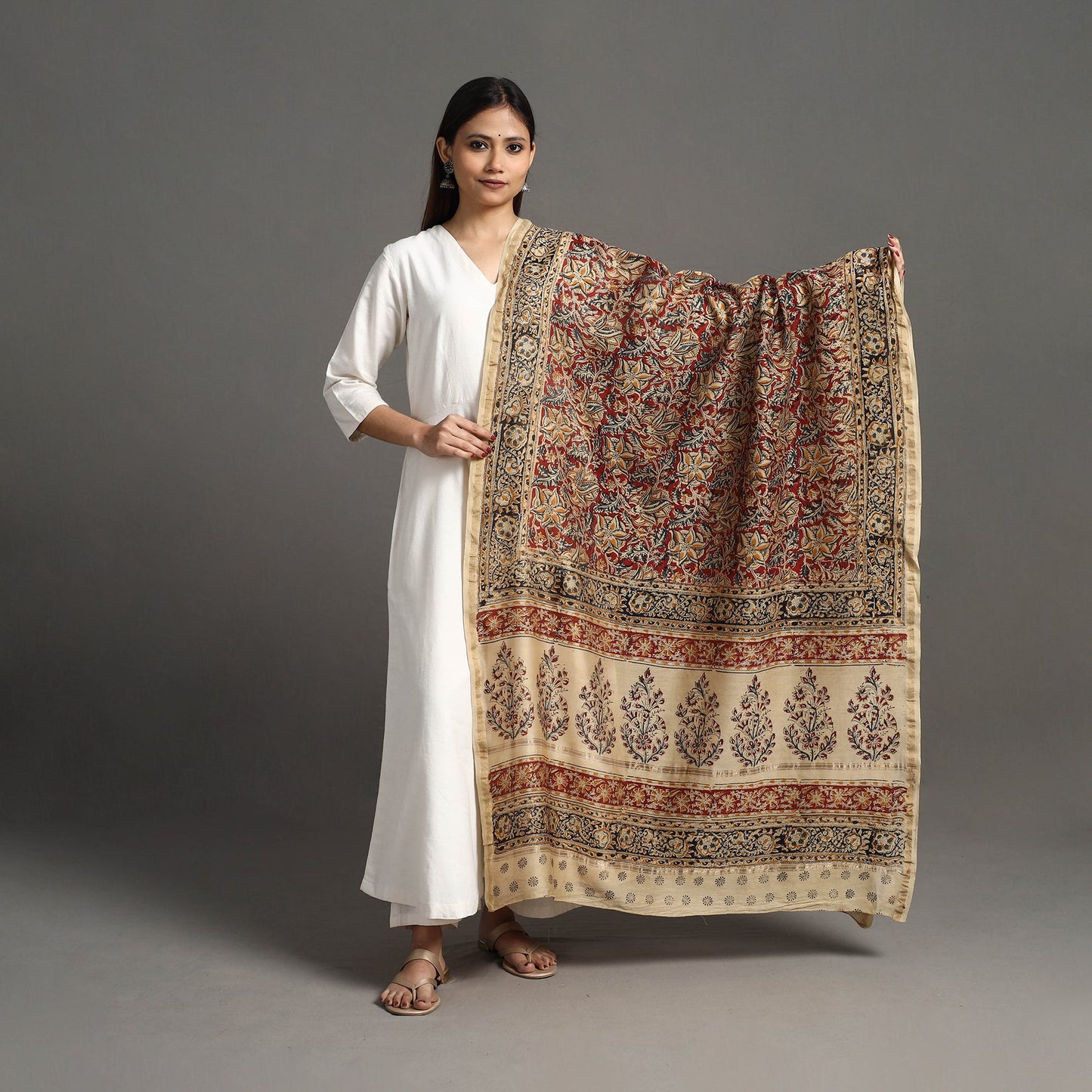 Red Pedana Block Print Chanderi Silk Kalamkari Dupatta
