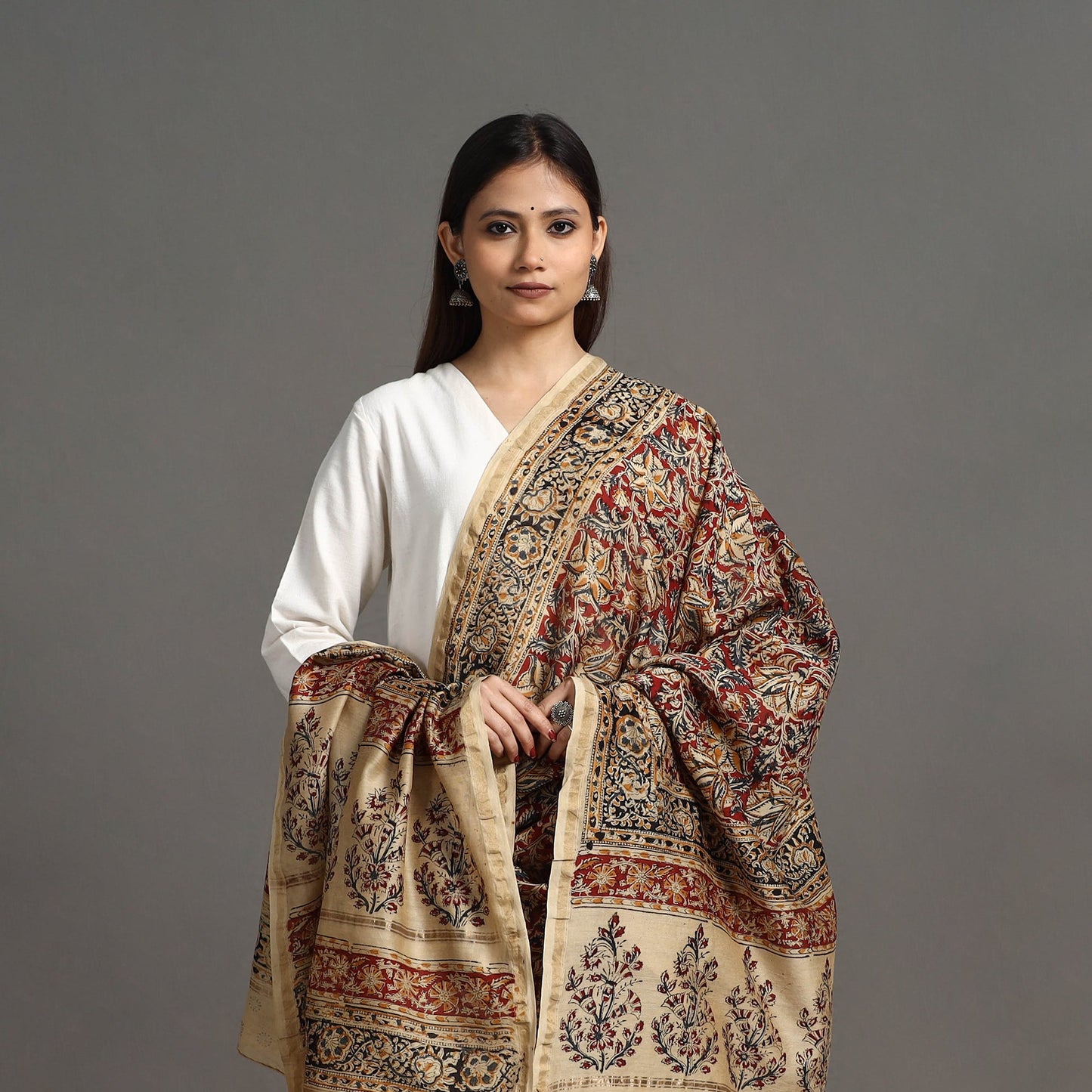 Red Pedana Block Print Chanderi Silk Kalamkari Dupatta