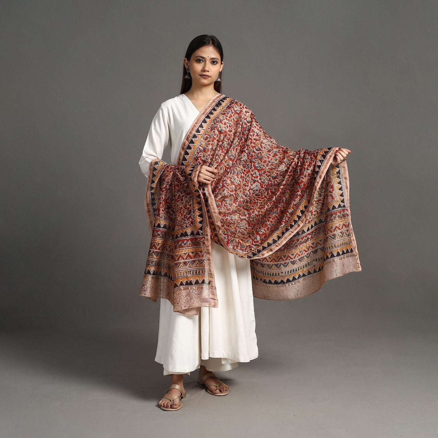 Buy Pedana Block Print Chanderi Silk Red Kalamkari Dupatta