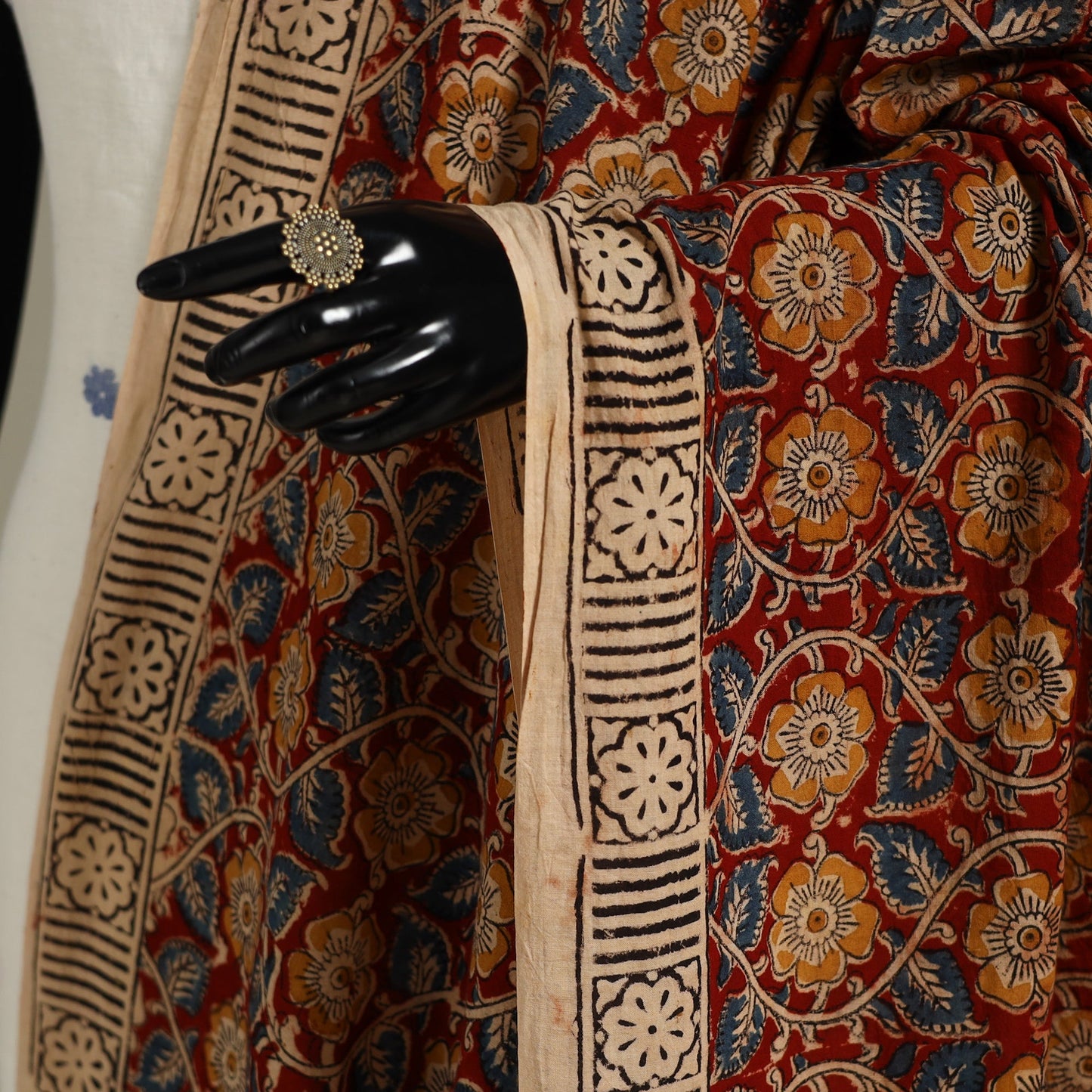 Red Pedana Block Print Cotton Kalamkari Dupatta