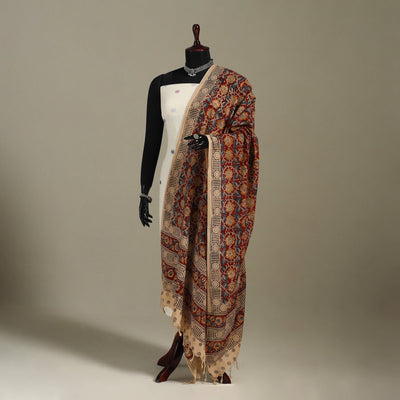 Red Pedana Block Print Cotton Kalamkari Dupatta