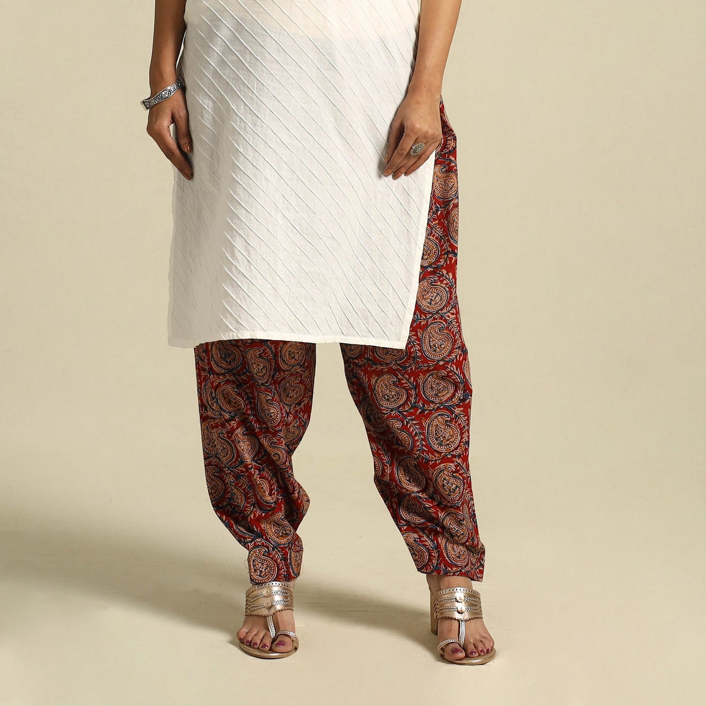  Red Pedana Block Print Cotton Kalamkari Salwar