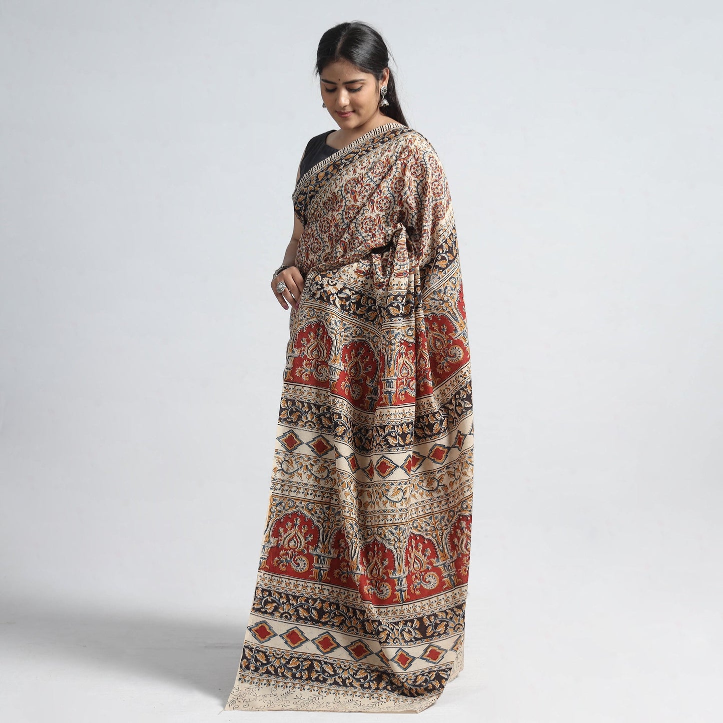 Red Pedana Block Print Cotton Kalamkari Saree