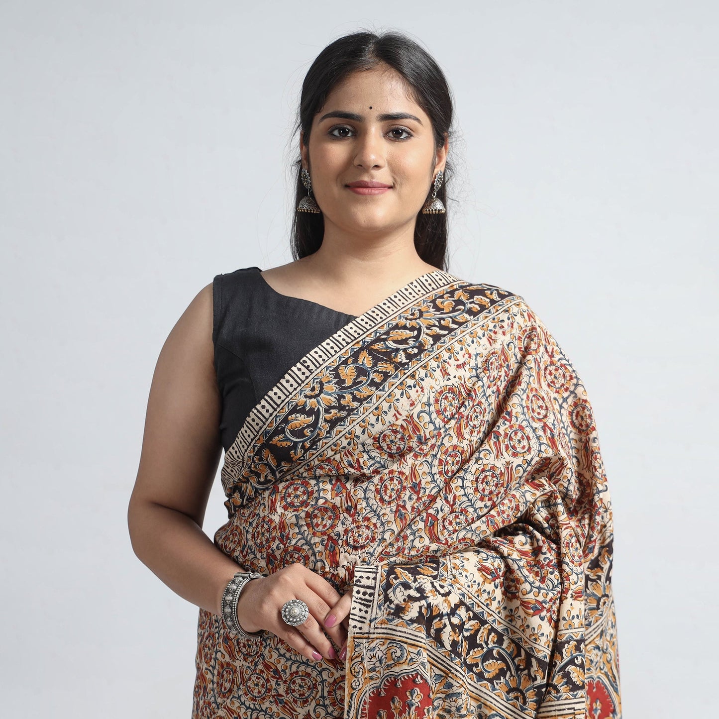 Red Pedana Block Print Cotton Kalamkari Saree