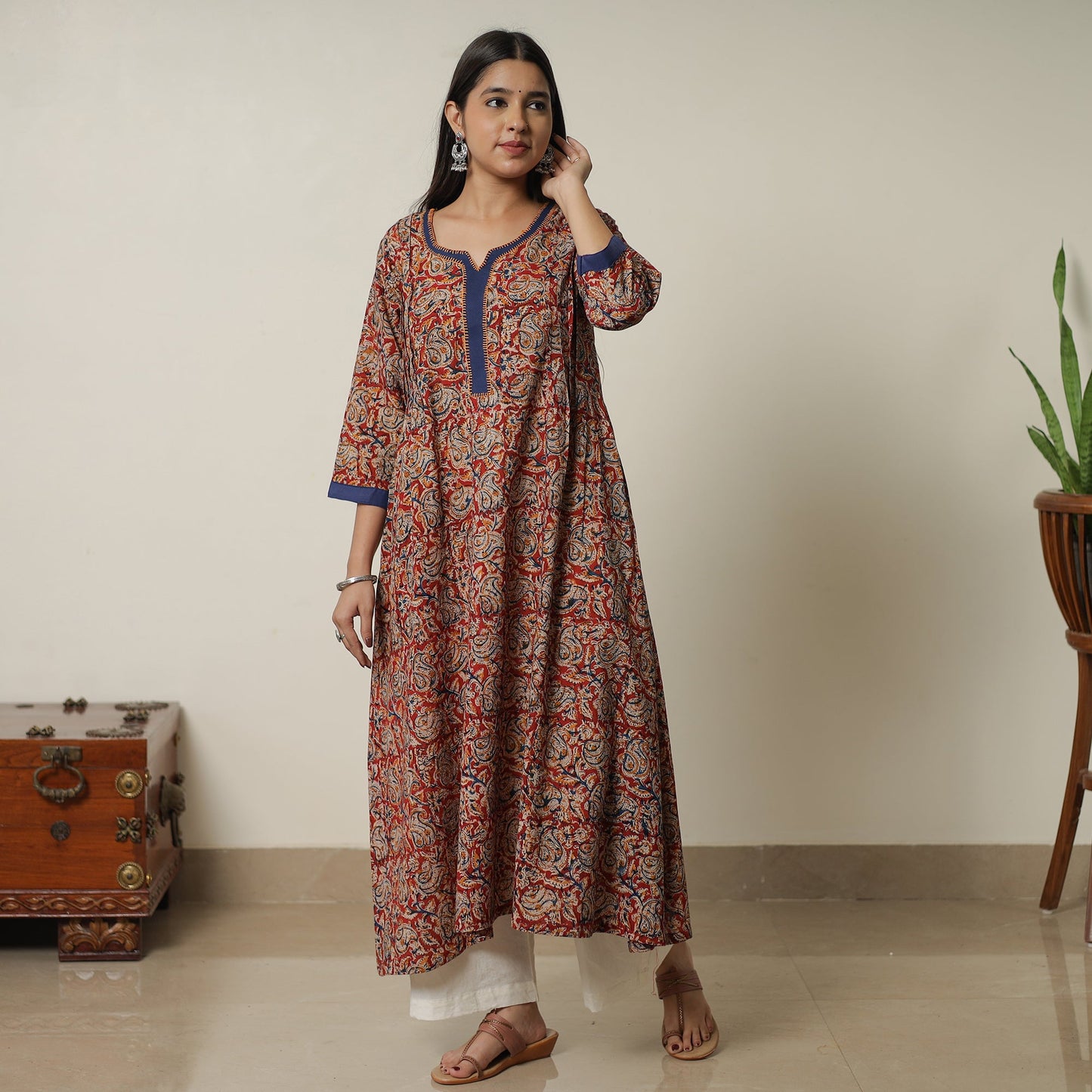 Pedana Block Print Cotton A-Line Red Kalamkari Kurta for Women