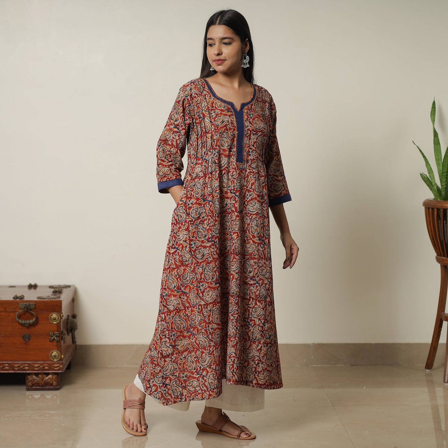 Pedana Block Print Cotton A-Line Red Kalamkari Kurta for Women