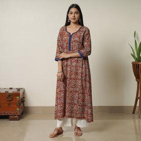 Pedana Block Print Cotton A-Line Red Kalamkari Kurta for Women