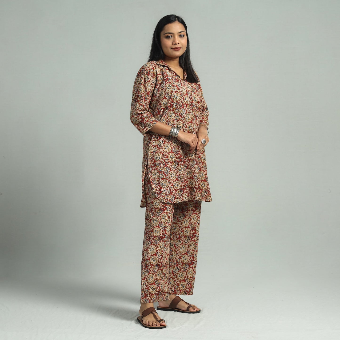 Red - Pedana Kalamkari Block Printed Cotton Co-Ord Set