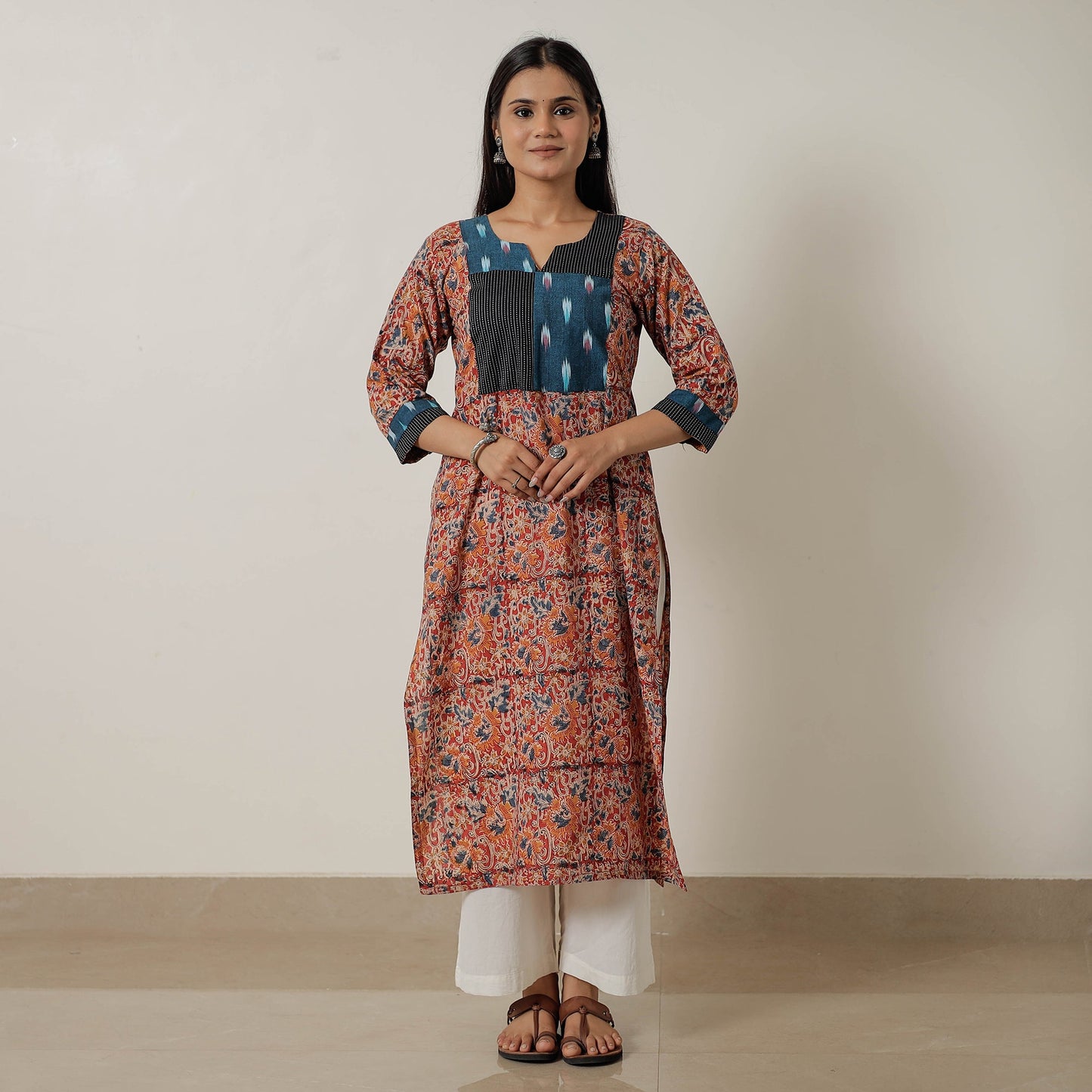 Buy Pedana Kalamkari Block Printed Cotton Straight Kurta with Patchwork 05 Online at iTokri.com