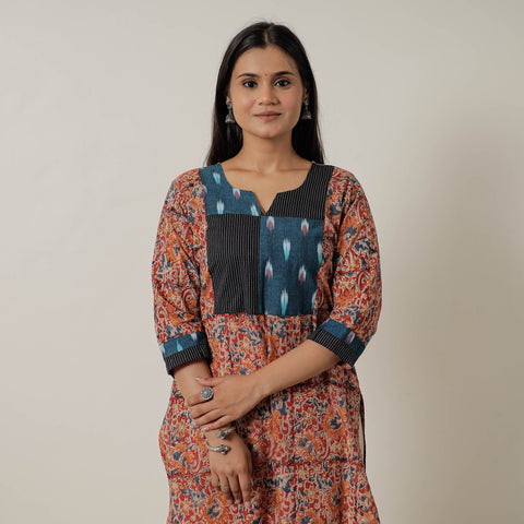 Buy Pedana Kalamkari Block Printed Cotton Straight Kurta with Patchwork 05 Online at iTokri.com