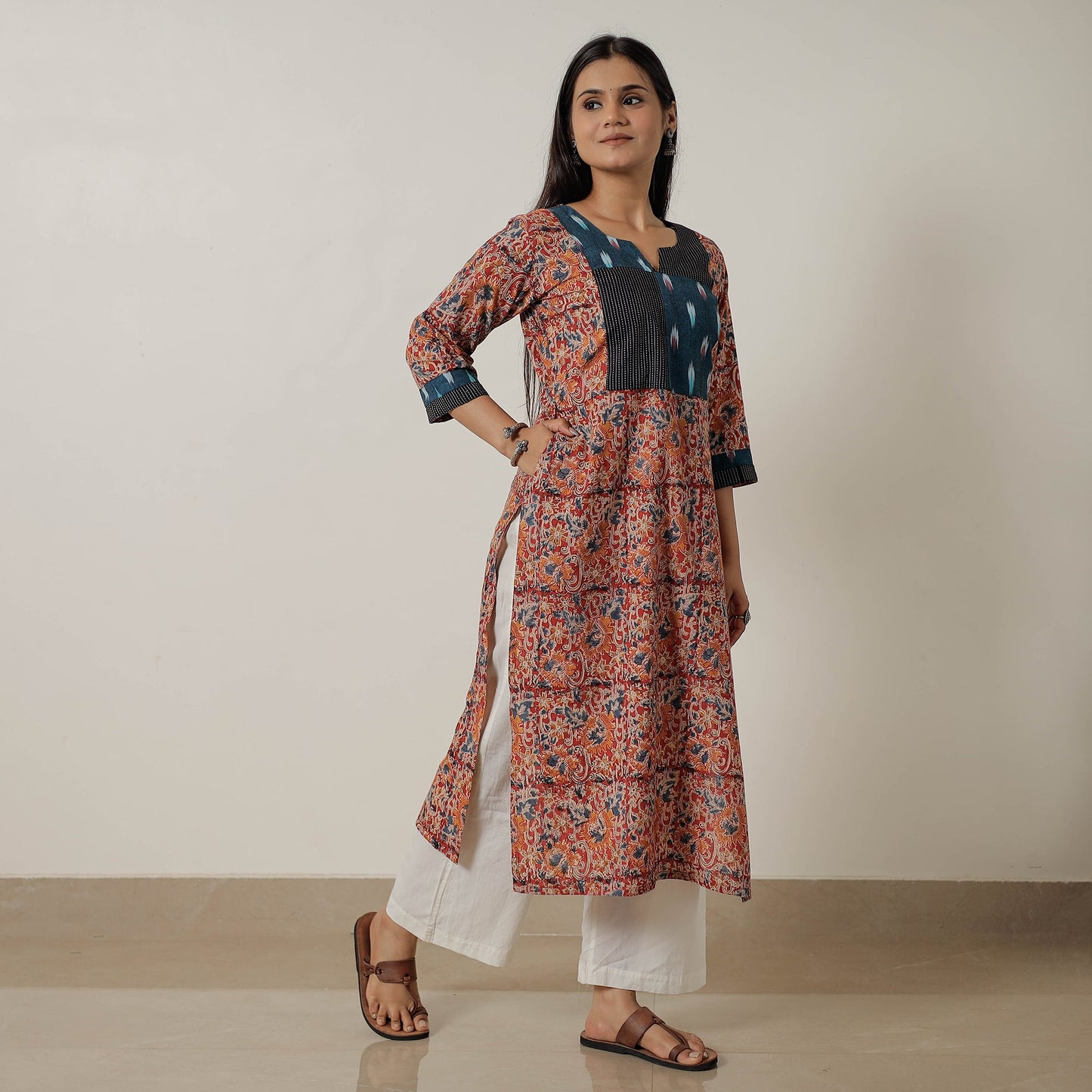 Buy Pedana Kalamkari Block Printed Cotton Straight Kurta with Patchwork 05 Online at iTokri.com
