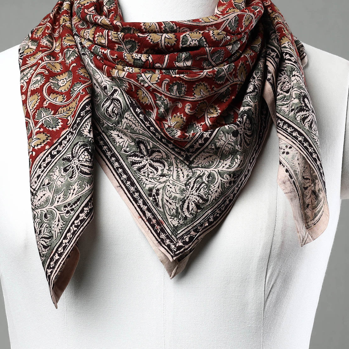 Red Pedana Kalamkari Block Printed Natural Dyed Cotton Scarf
