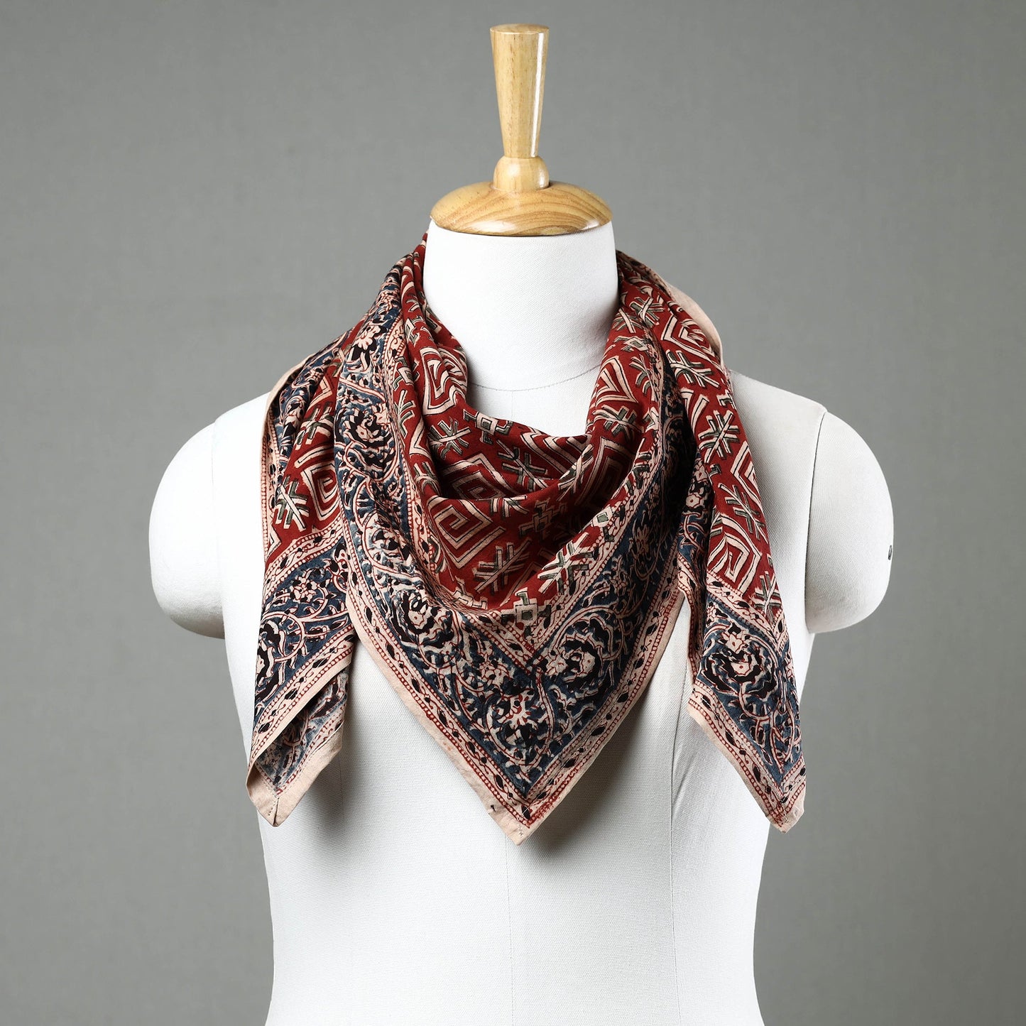 Red Pedana Kalamkari Block Printed Natural Dyed Cotton Scarf