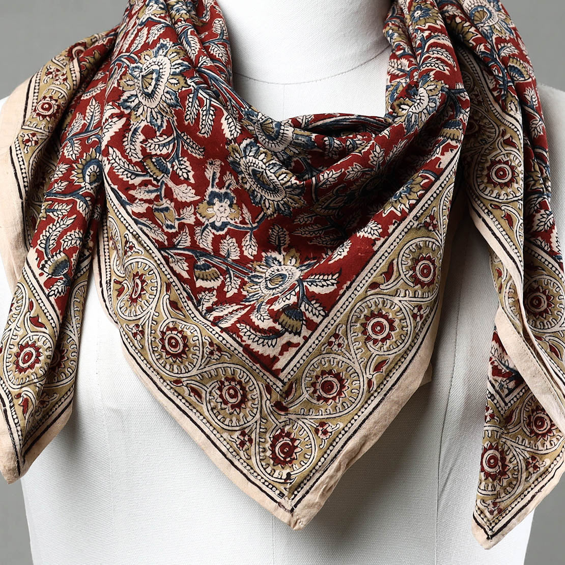 Red Pedana Kalamkari Block Printed Natural Dyed Cotton Scarf