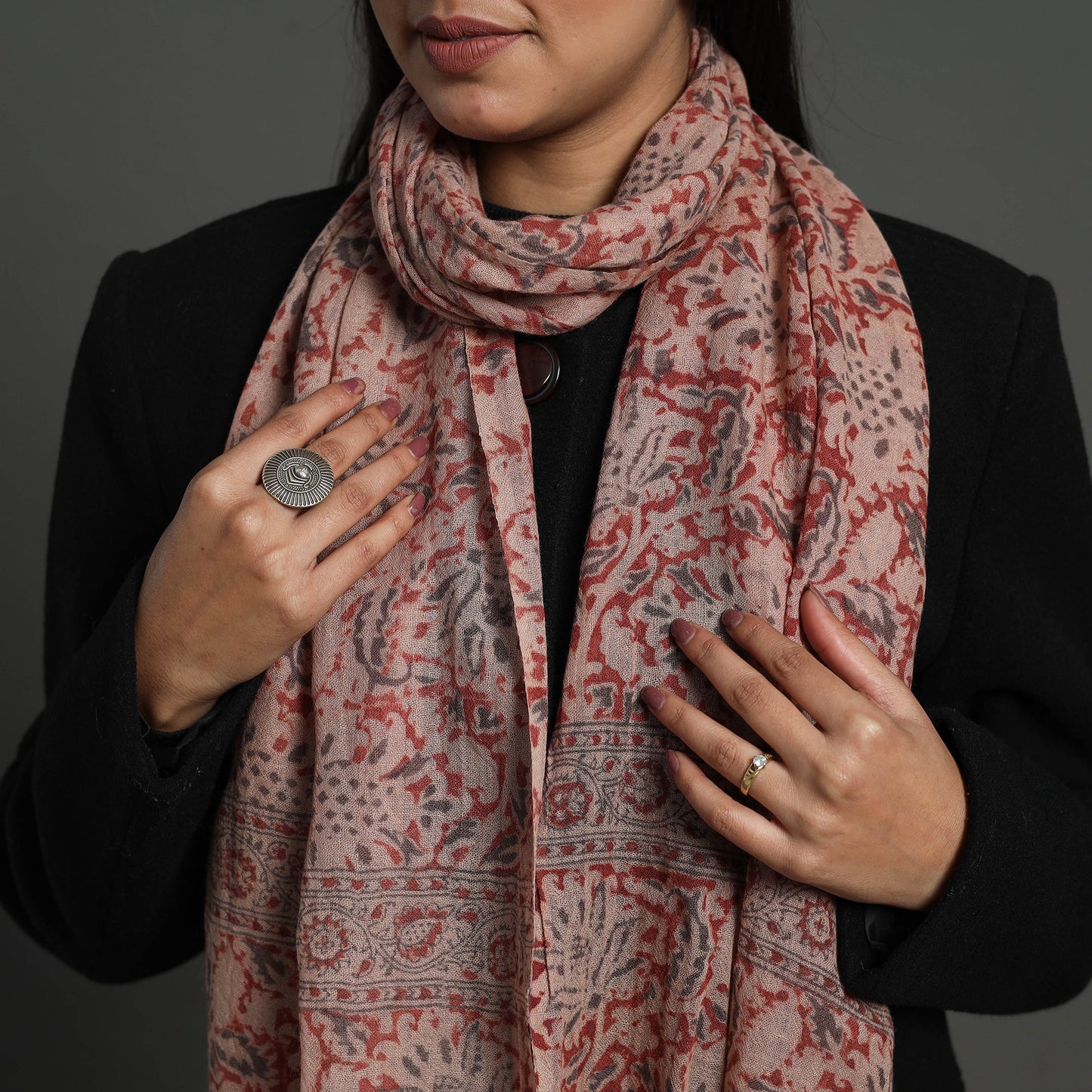 Red Block Print Pedana Kalamkari Wool Stole