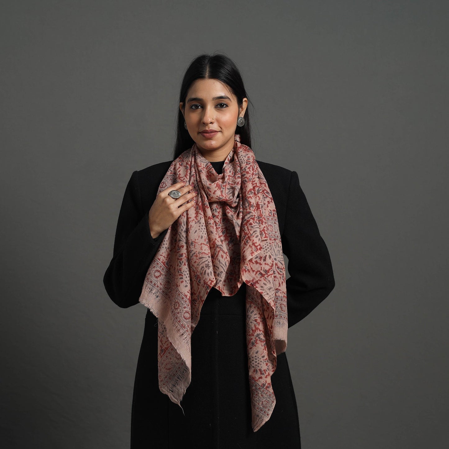 Red Block Print Pedana Kalamkari Wool Stole