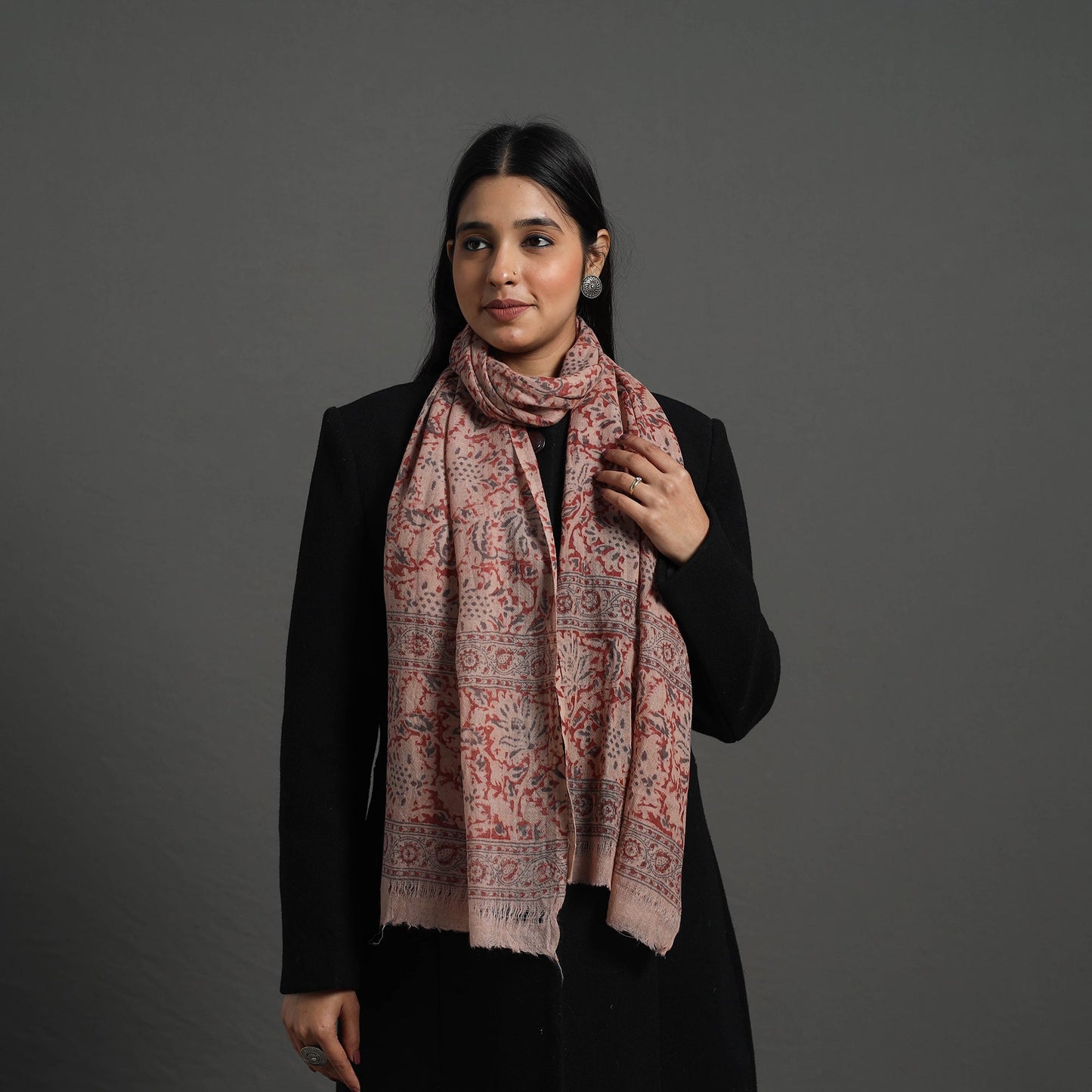 Red Block Print Pedana Kalamkari Wool Stole