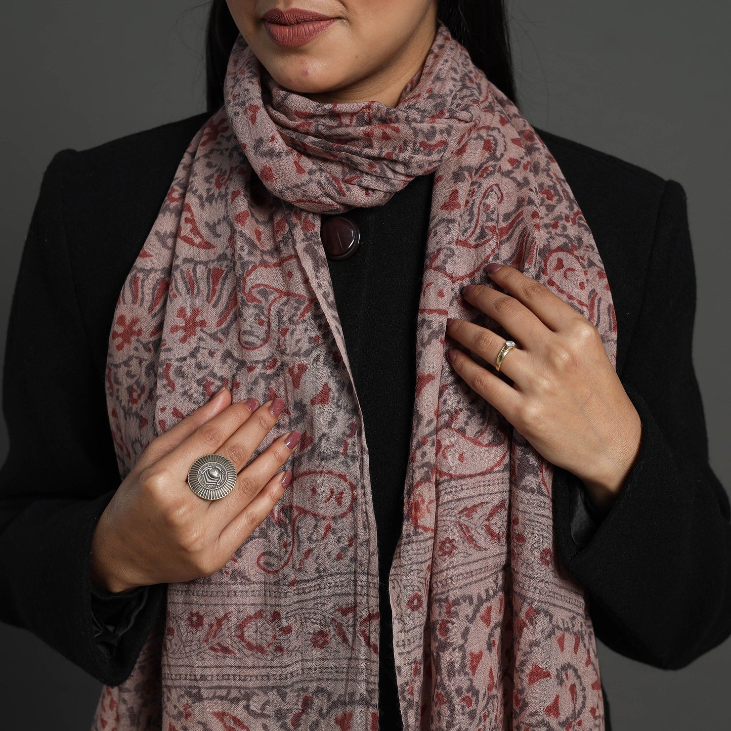 Red Block Print Pedana Kalamkari Wool Stole