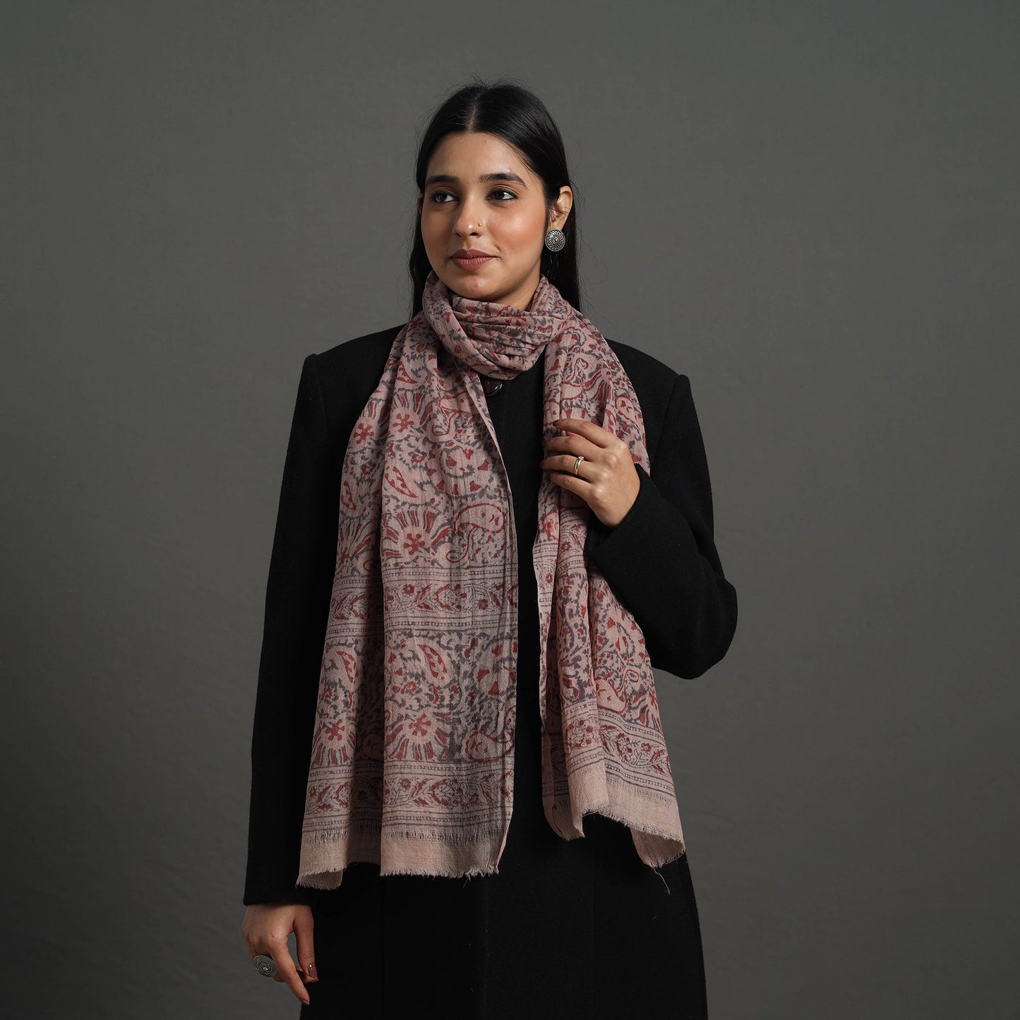 Red Block Print Pedana Kalamkari Wool Stole