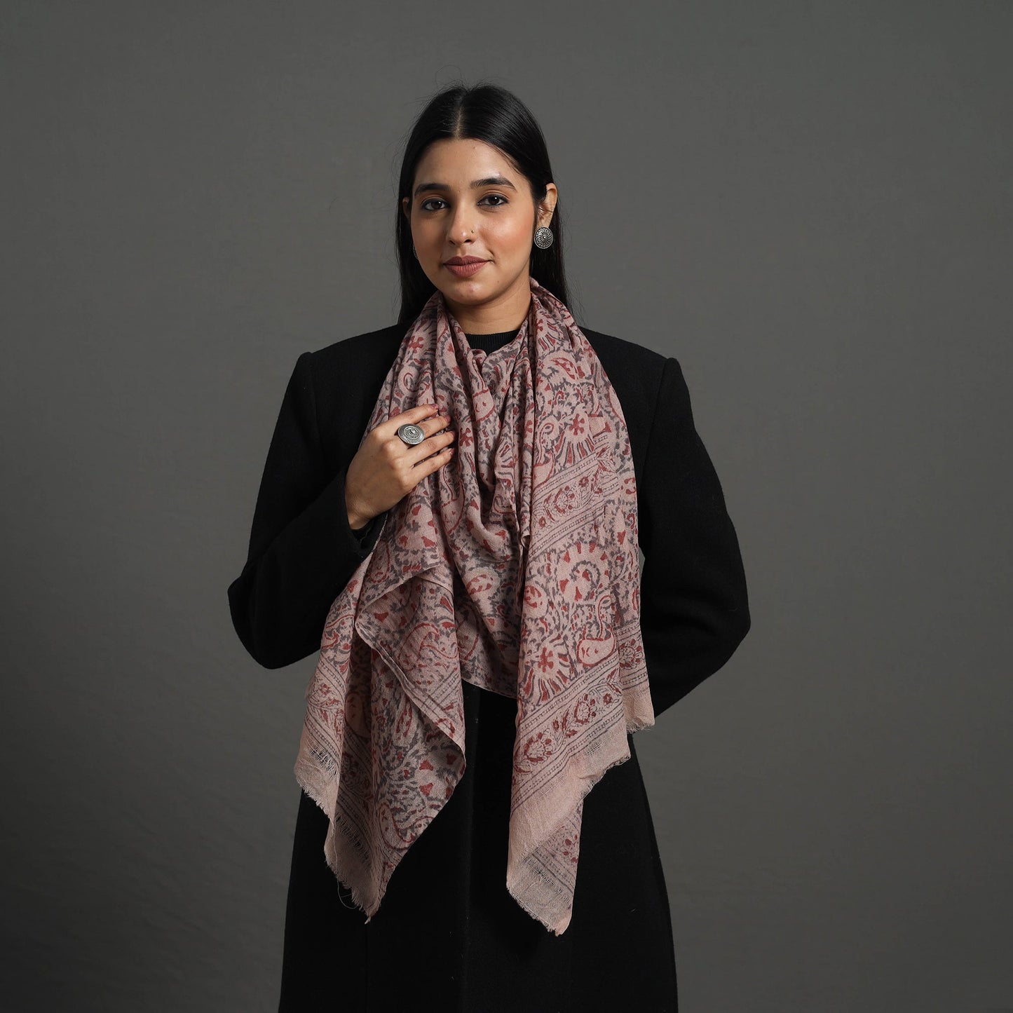 Red Block Print Pedana Kalamkari Wool Stole