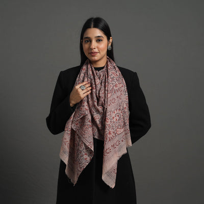 Red Block Print Pedana Kalamkari Wool Stole