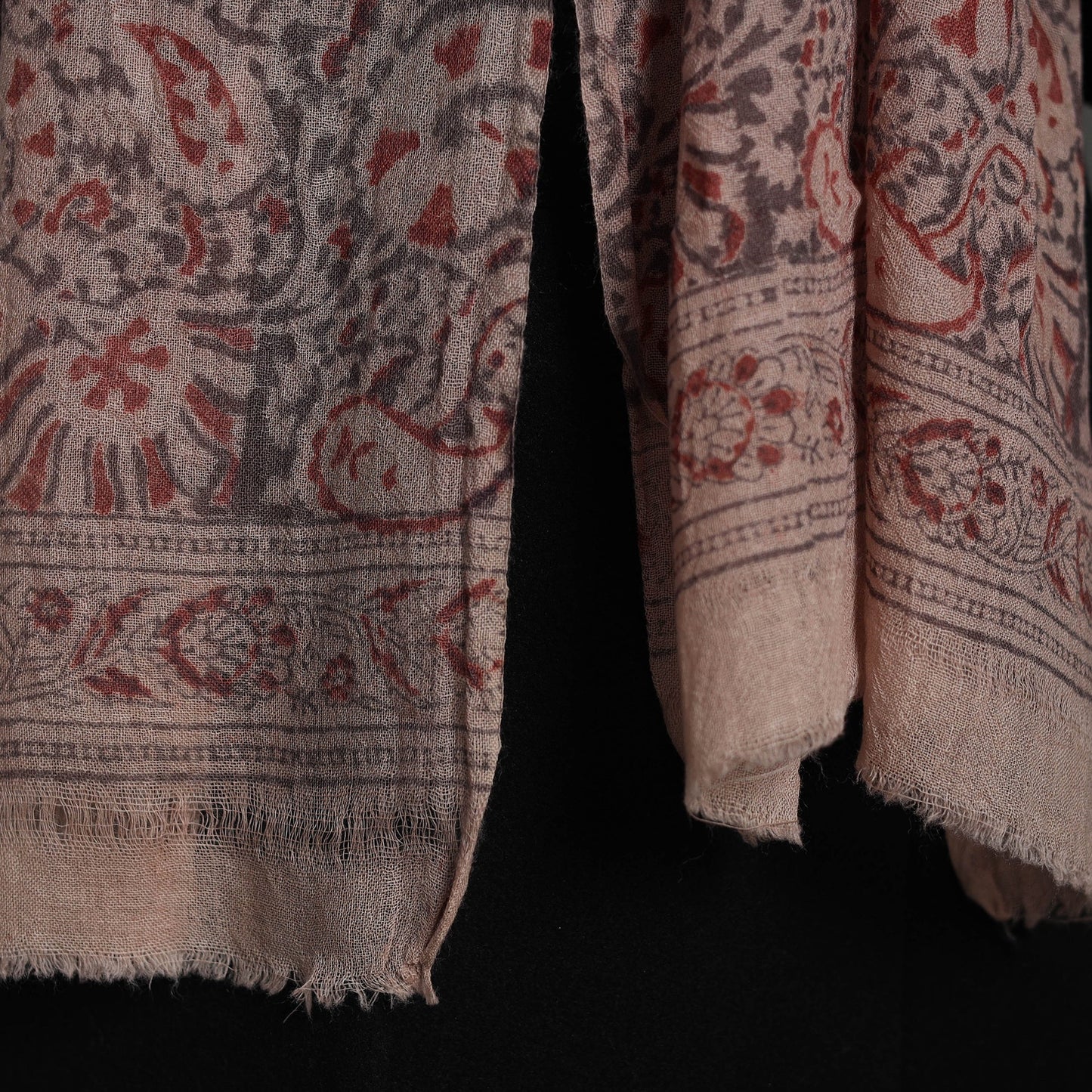 Red Block Print Pedana Kalamkari Wool Stole