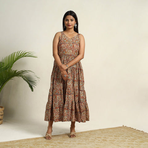 Pedana Block Print Mul Cotton Tiered Red Kalamkari Dress