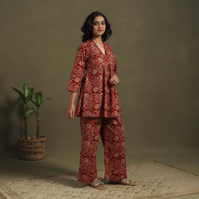 Red Pedana Natural Dyed Block Print Kalamkari Co-ord Set 