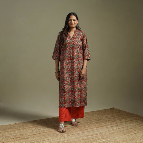 Red - pedana natural dyed cotton straight kalamkari kurta