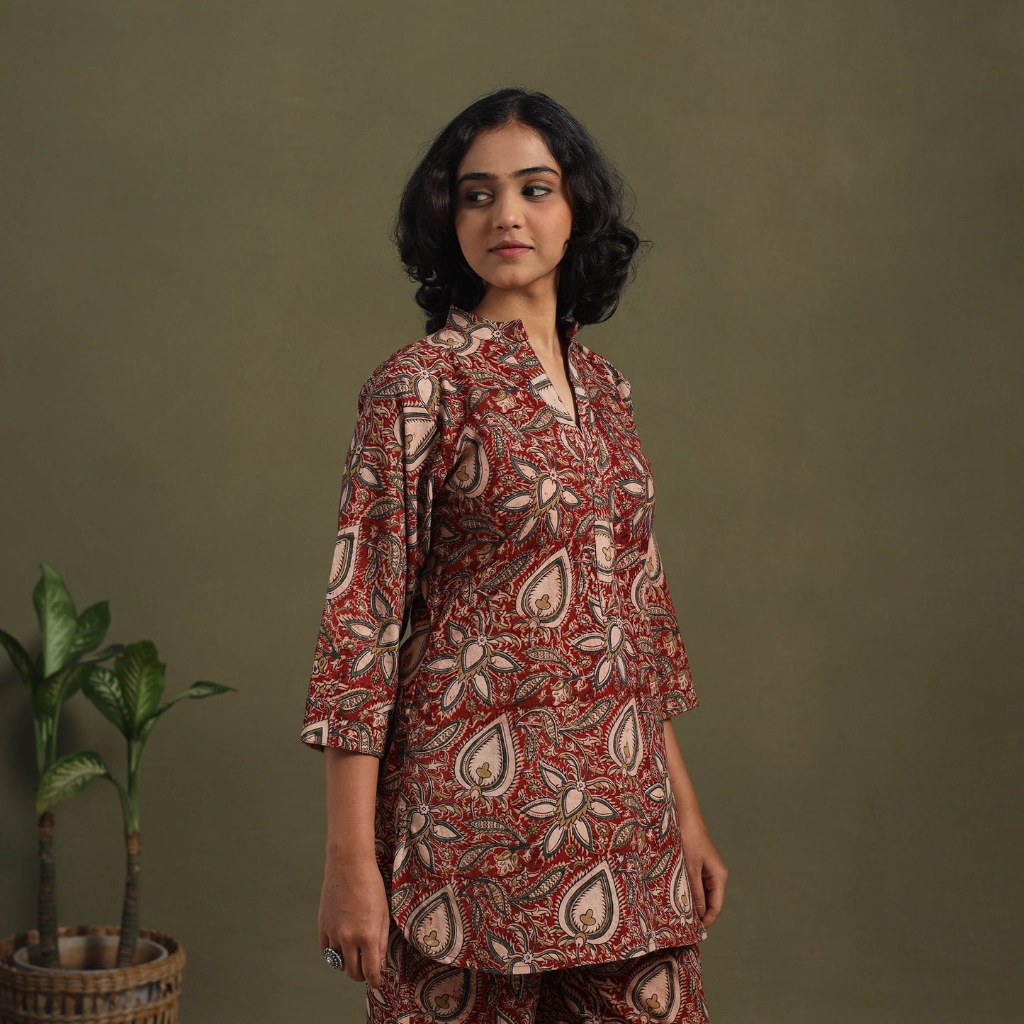Red Pedana Natural Dyed Block Print Kalamkari Co-ord Set 