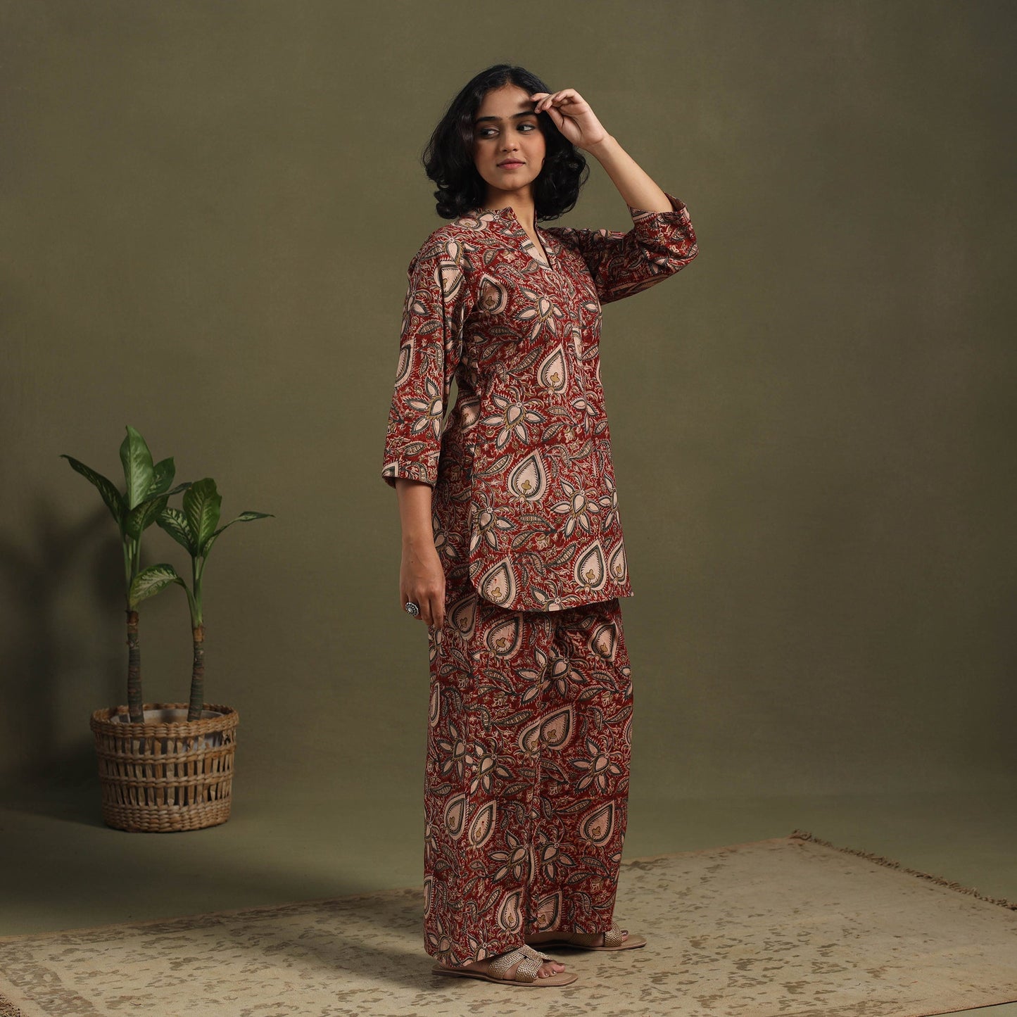 Red Pedana Natural Dyed Block Print Kalamkari Co-ord Set 