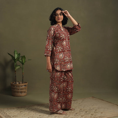 Red Pedana Natural Dyed Block Print Kalamkari Co-ord Set 