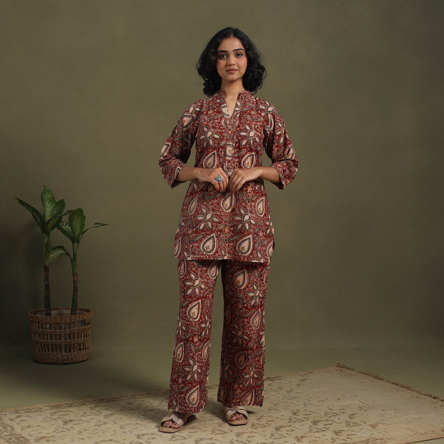 Red Pedana Natural Dyed Block Print Kalamkari Co-ord Set 