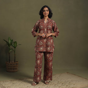 Red Pedana Natural Dyed Block Print Kalamkari Co-ord Set 