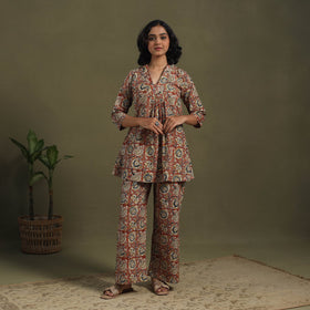 Red Pedana Natural Dyed Block Print Kalamkari Co-ord Set 