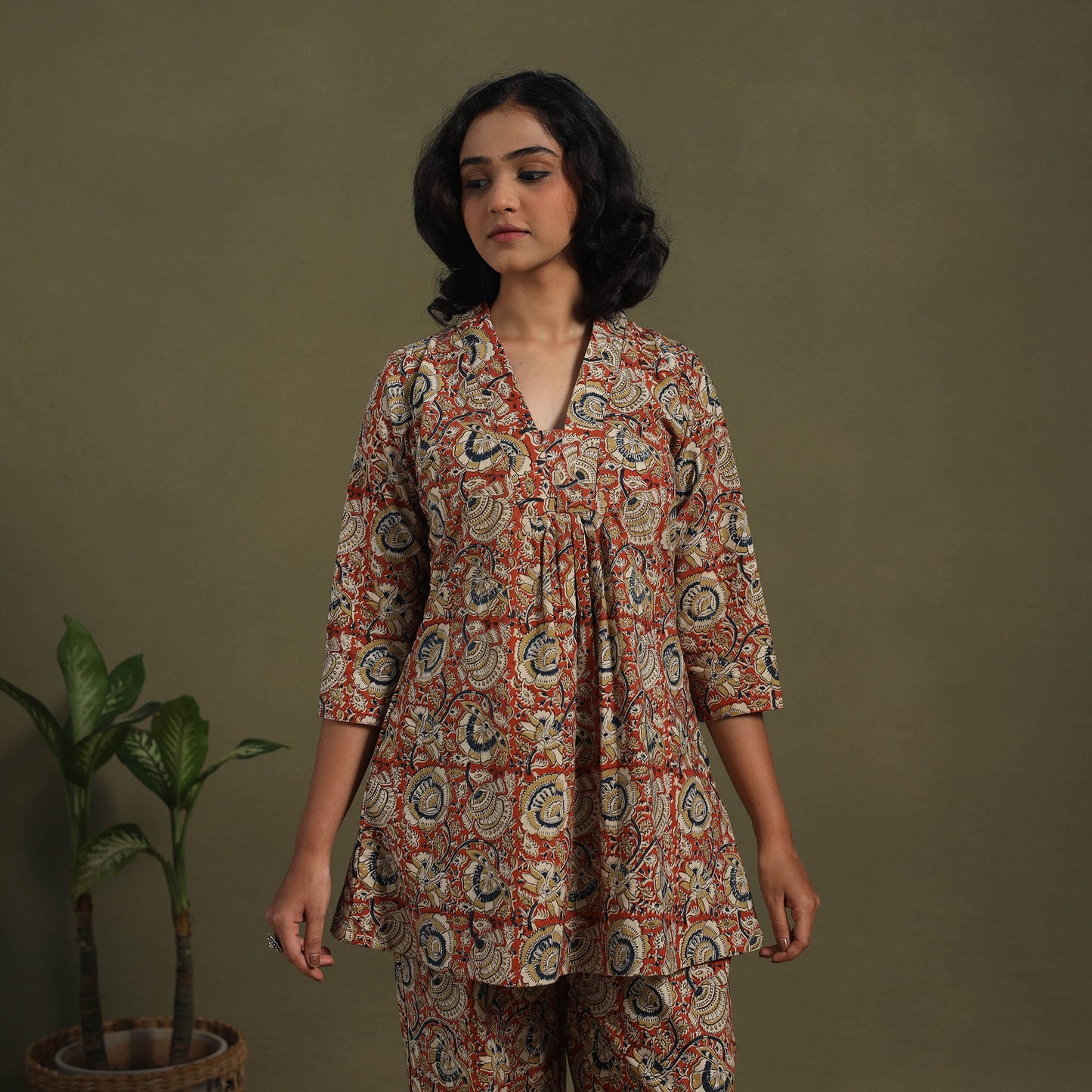 Red Pedana Natural Dyed Block Print Kalamkari Co-ord Set 