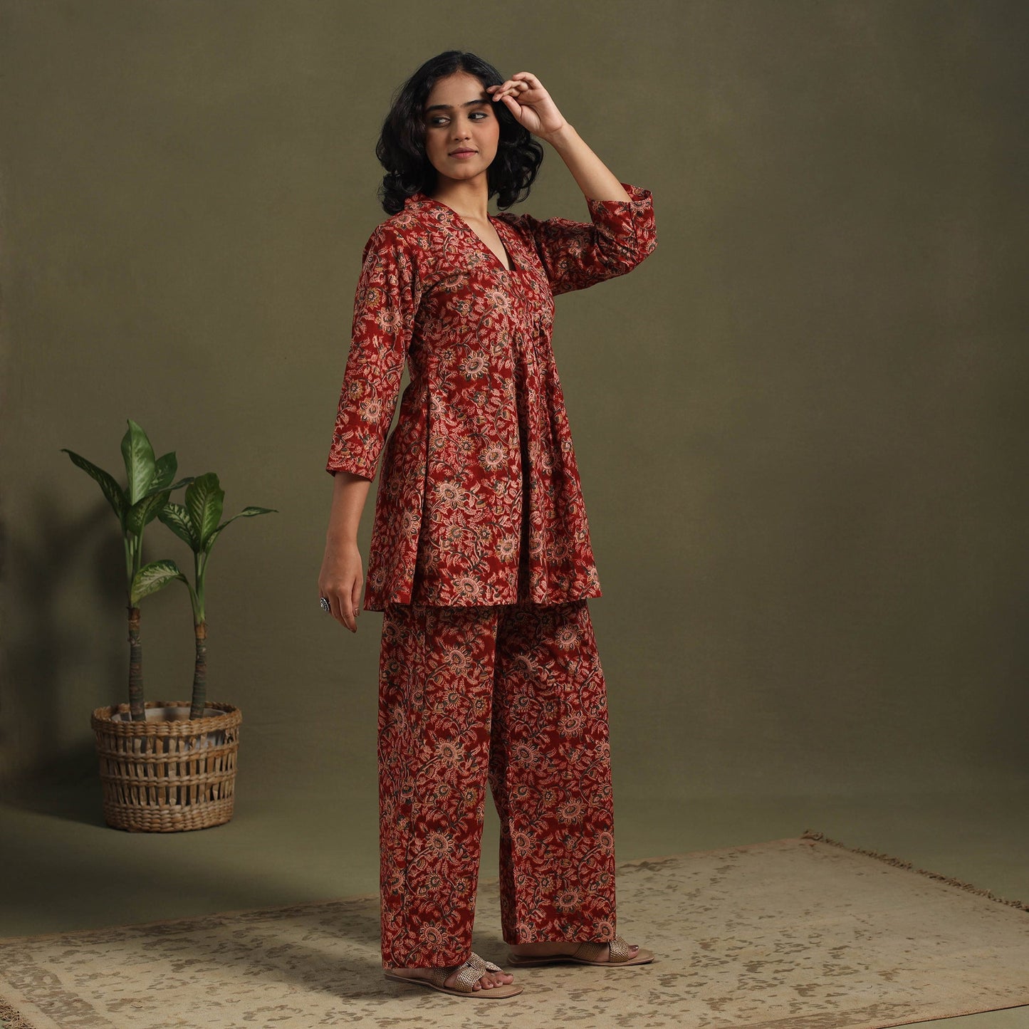 Red Pedana Natural Dyed Block Print Kalamkari Co-ord Set 