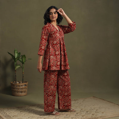 Red Pedana Natural Dyed Block Print Kalamkari Co-ord Set 