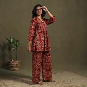 Red Pedana Natural Dyed Block Print Kalamkari Co-ord Set 