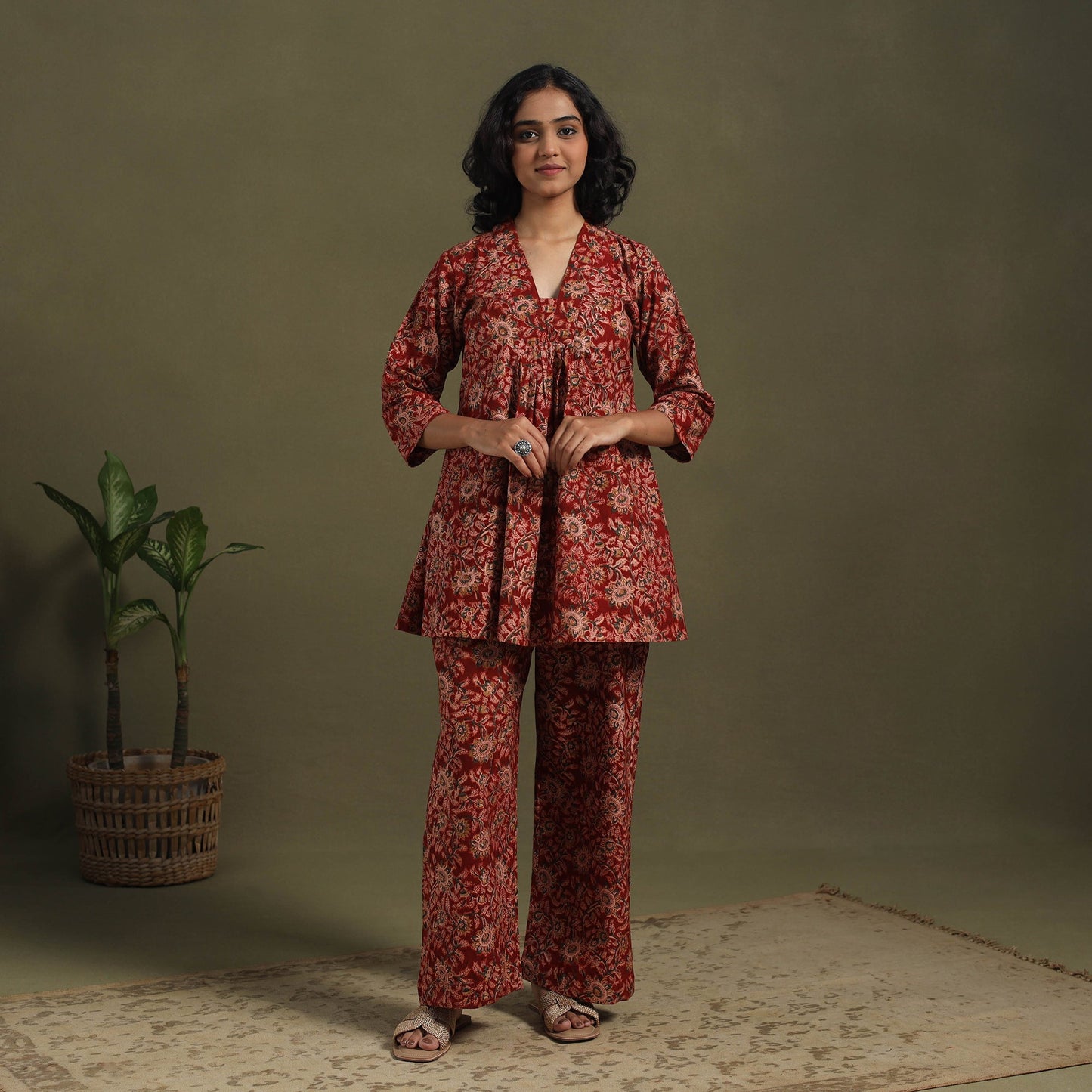 Red Pedana Natural Dyed Block Print Kalamkari Co-ord Set 
