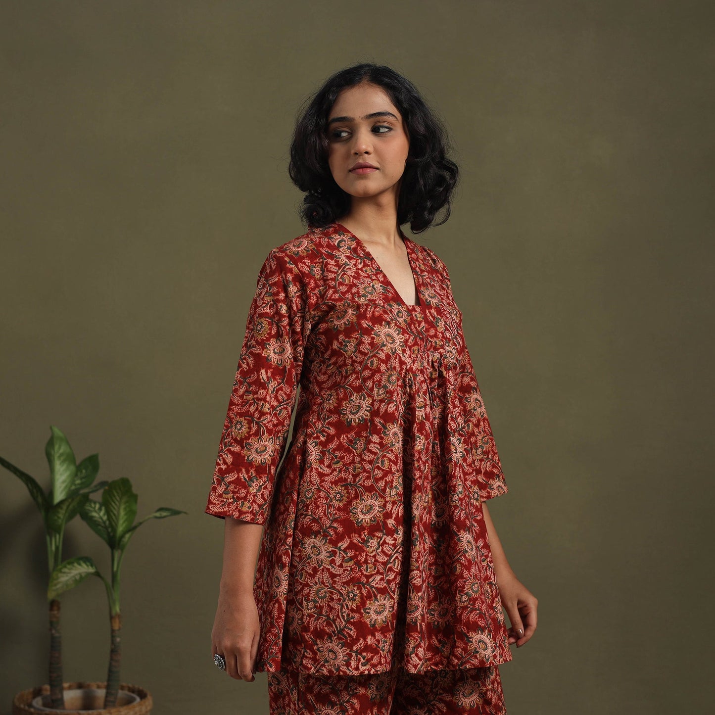 Red Pedana Natural Dyed Block Print Kalamkari Co-ord Set 