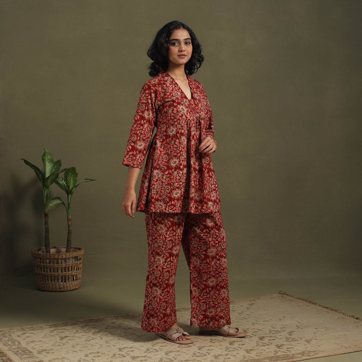 Red Pedana Natural Dyed Block Print Kalamkari Co-ord Set 