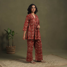 Red Pedana Natural Dyed Block Print Kalamkari Co-ord Set 