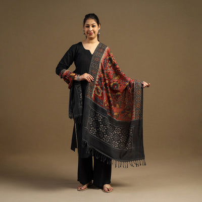 Pen Work Cotton Ikat Border Handpainted Kalamkari Dupatta