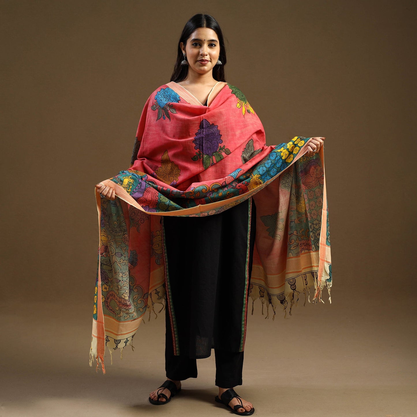 Red Pen Work Mangalagiri Cotton Handpainted Kalamkari Dupatta