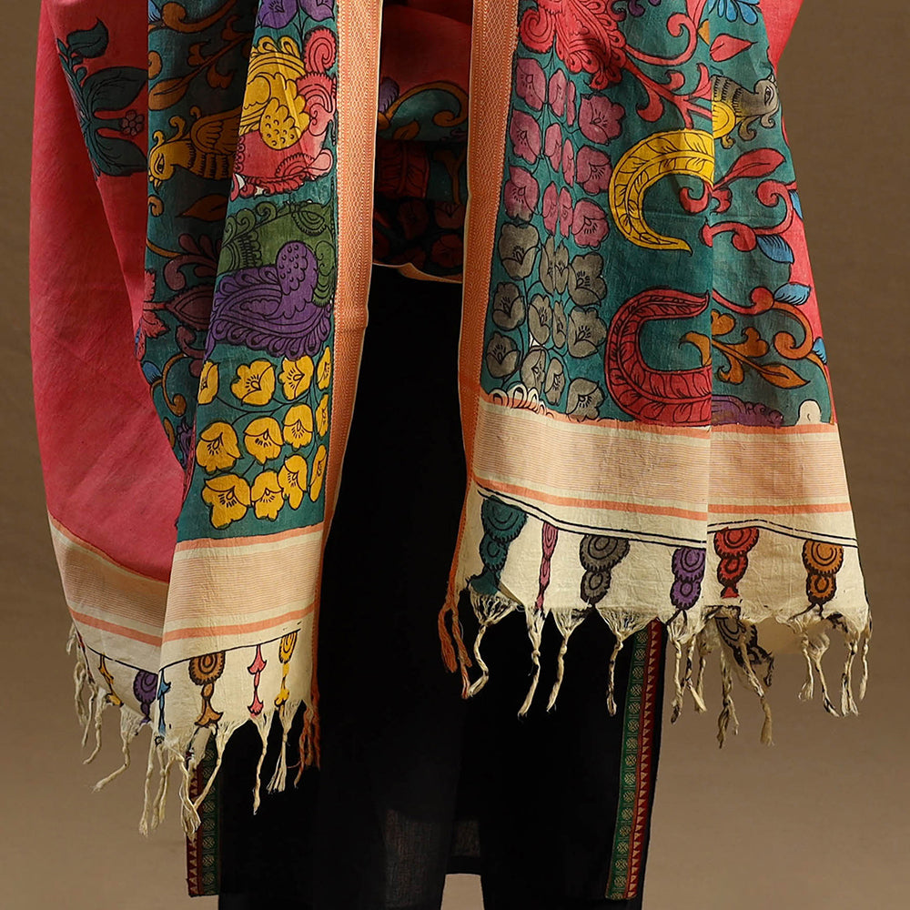 Red Pen Work Mangalagiri Cotton Handpainted Kalamkari Dupatta