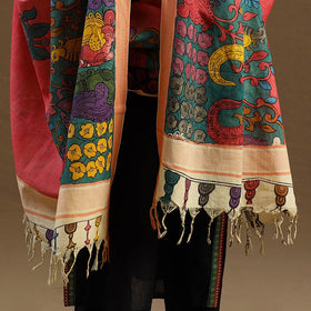 Red Pen Work Mangalagiri Cotton Handpainted Kalamkari Dupatta